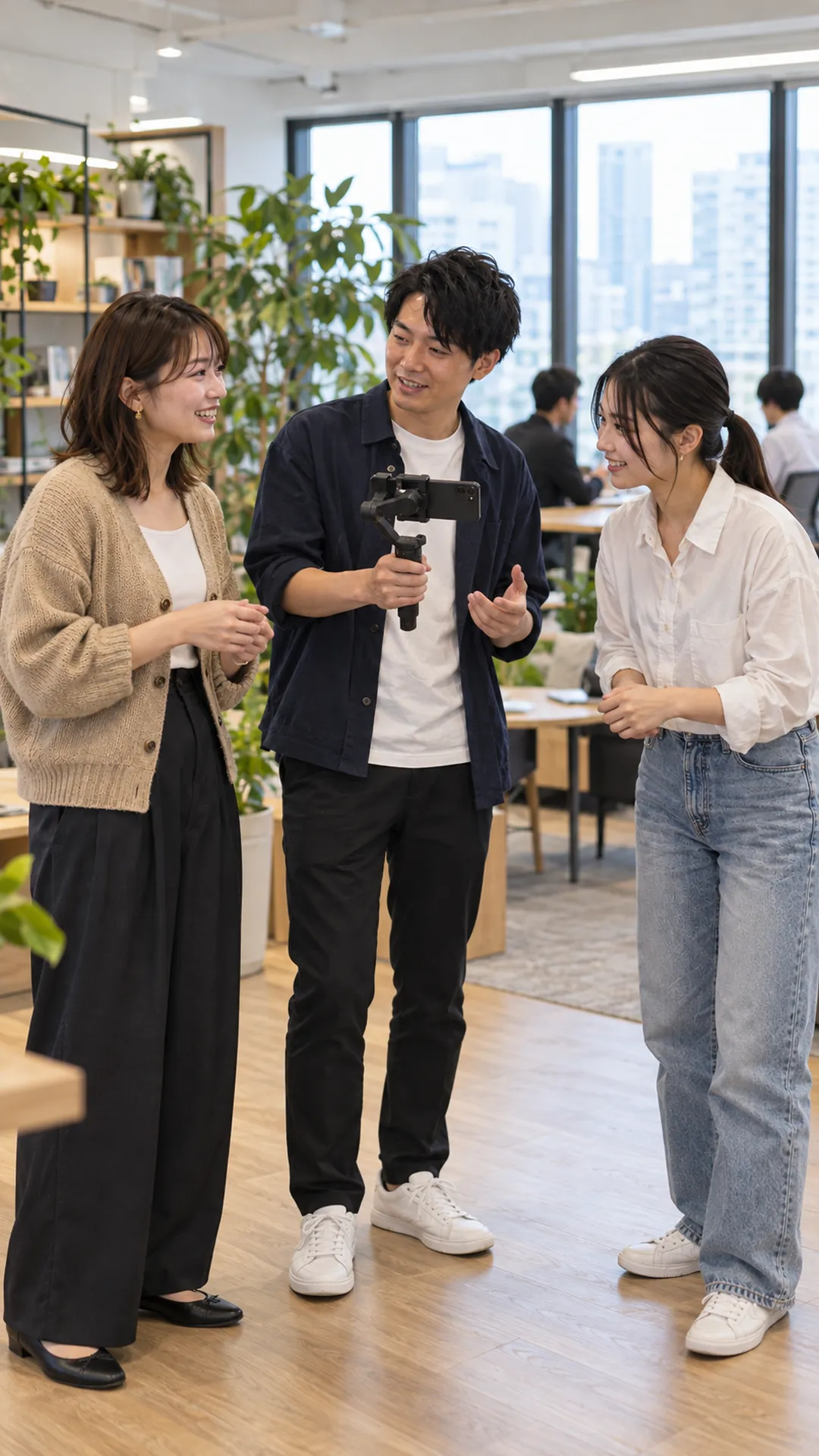 社員と会話しながら撮影するタレント(撮影イメージ)