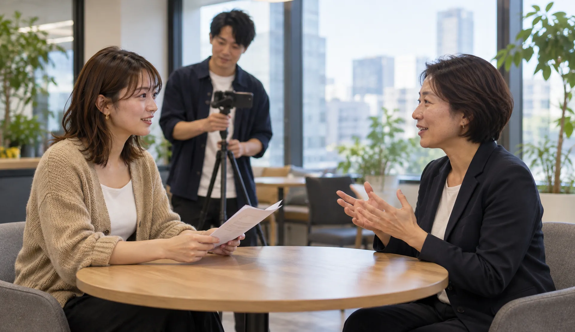 社員にインタビューするタレント(撮影イメージ)