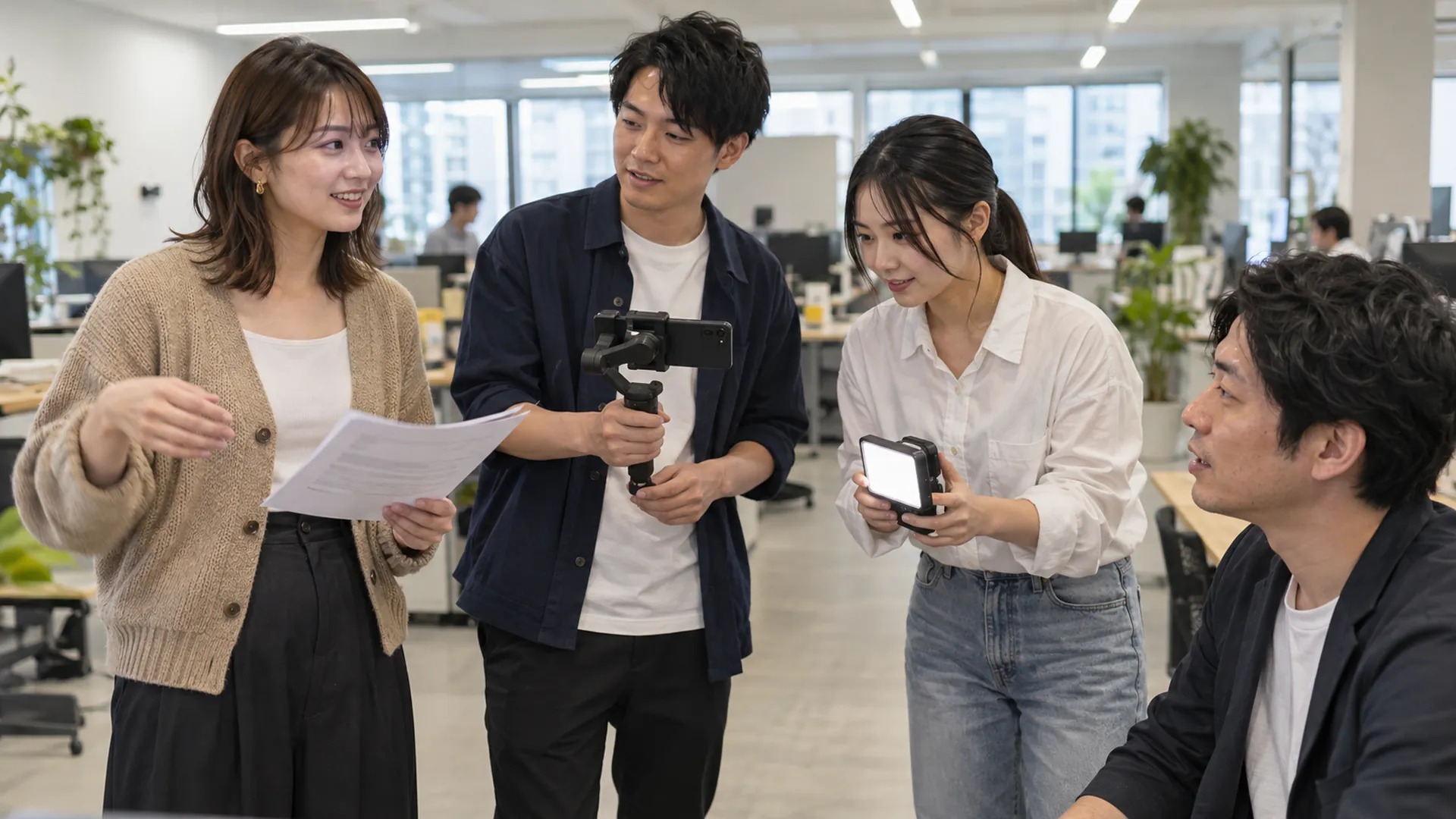 撮影前に打ち合わせをする採用広報チーム(撮影イメージ)